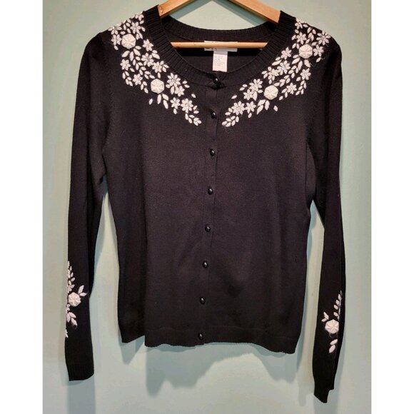 Vtg Black Ivory Floral Embroidered Rhinestone Cardigan Sweater Regencycore Sz M - Picture 1 of 9